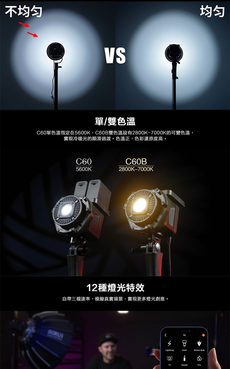 SIRUI 思銳C60B 60W 雙色溫LED 攝影燈補光燈(公司貨)|攝影燈架/攝影燈