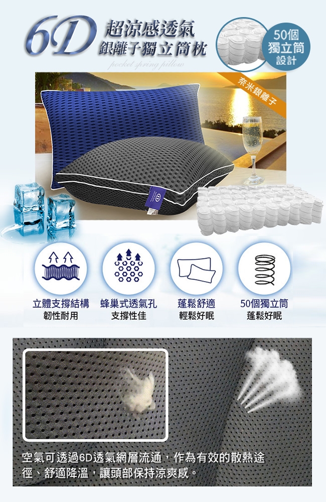 超涼感透氣銀離子獨立筒枕 spring pillow50個獨立筒設計奈米銀離子立體支撐結構蜂巢式透氣孔蓬鬆舒適50個獨立筒韌性耐用支撐性佳輕鬆好眠蓬鬆好眠空氣可透過6D透氣網層流通,作為有效的散熱途徑、舒適降溫,讓頭部保持涼爽感。