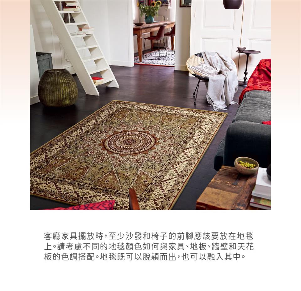 客廳家具擺放時,至少沙發椅子的前腳應該要放在地毯 上。請考慮不同的地毯顏色如何與家具、地板、牆壁和天花 板的色調搭配。地毯既可以脫穎而出,也可以融入其中。