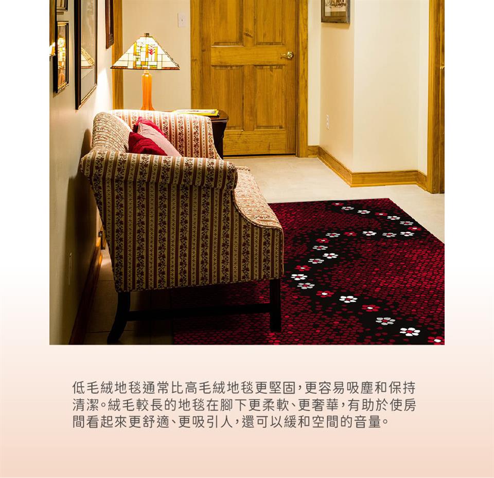 低毛絨地毯通常比高毛絨地毯更堅固,更容易吸塵和保持 清潔。絨毛較長的地毯在腳下更柔軟、更奢華,有助於使房 間看起來更舒適、更吸引人,還可以緩和空間的音量。 