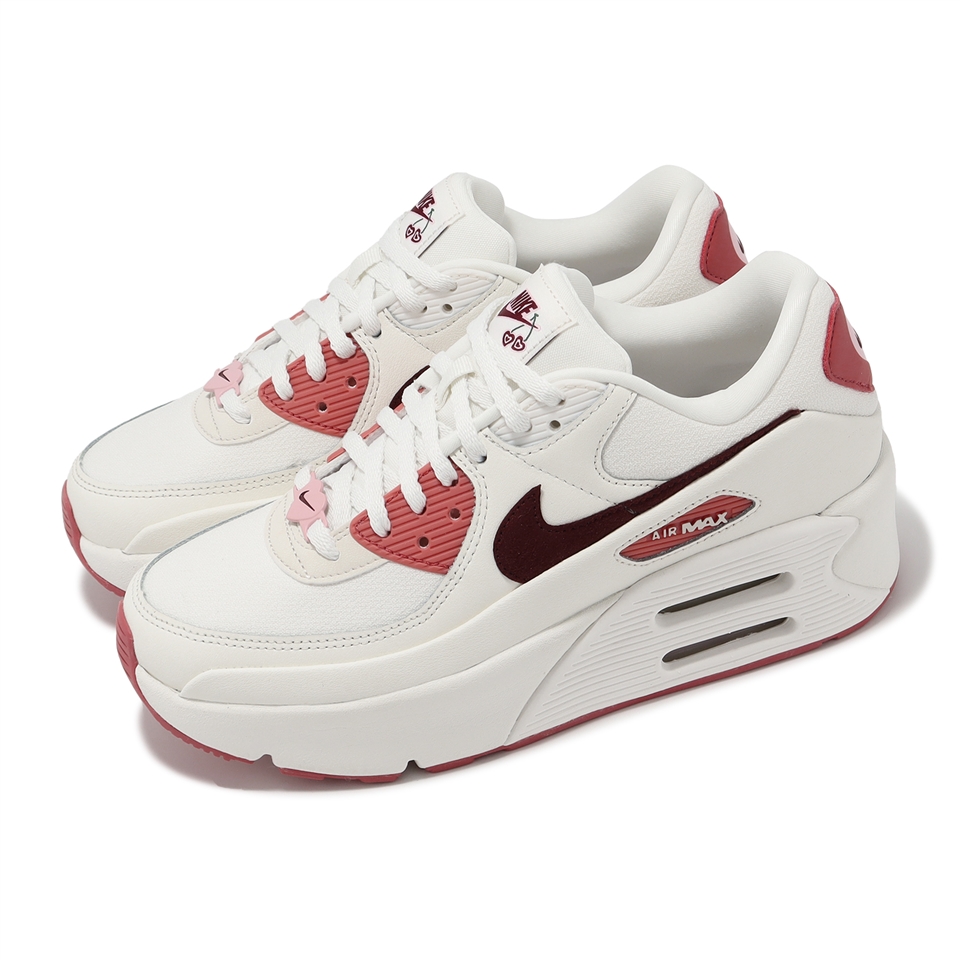 Nike 休閒鞋Air Max 90 LV8 SE 女鞋米白粉情人節皮革拼接氣墊厚底