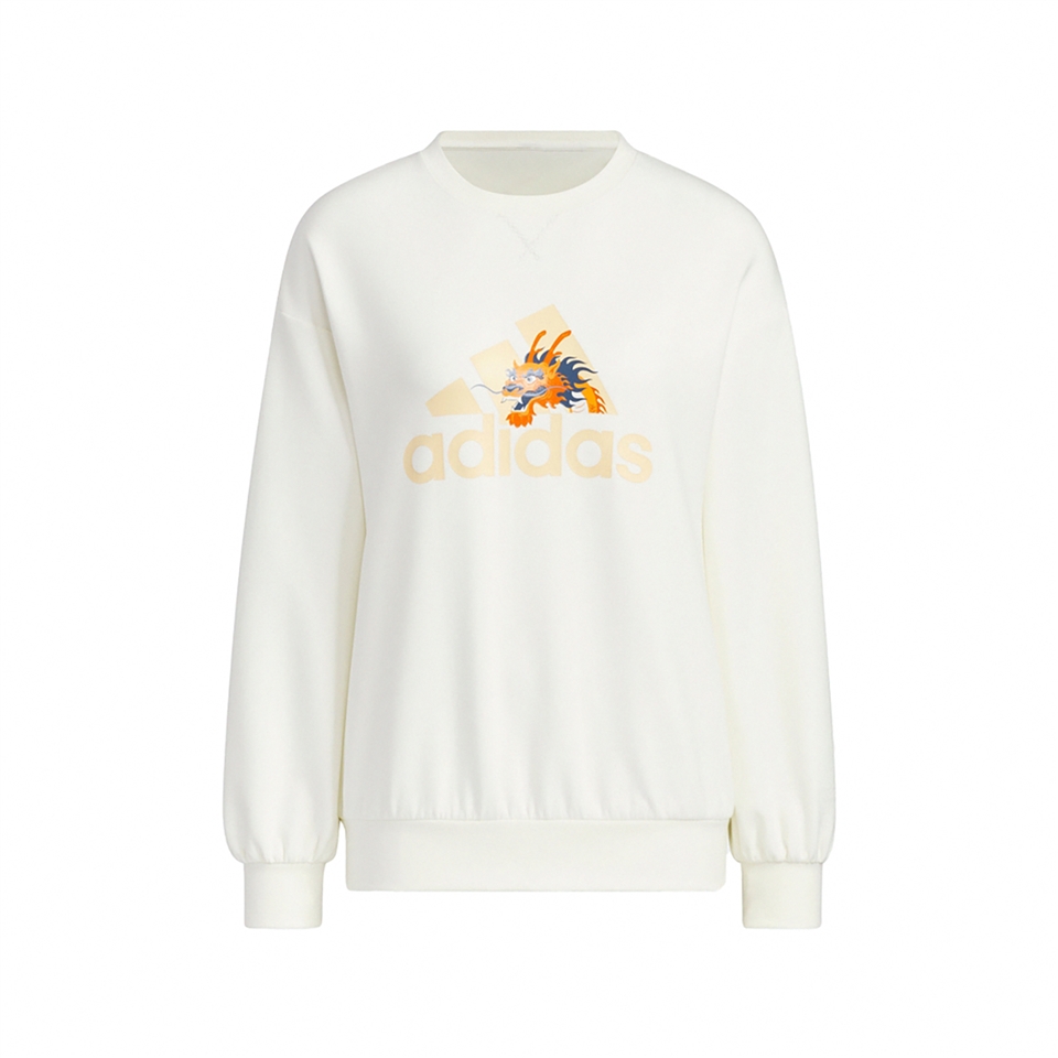 adidas 長袖上衣CNY Sweatshirts 女款白黃龍年農曆年落肩大學T 愛迪達