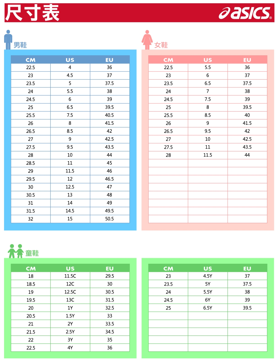 Asics shoes size top chart