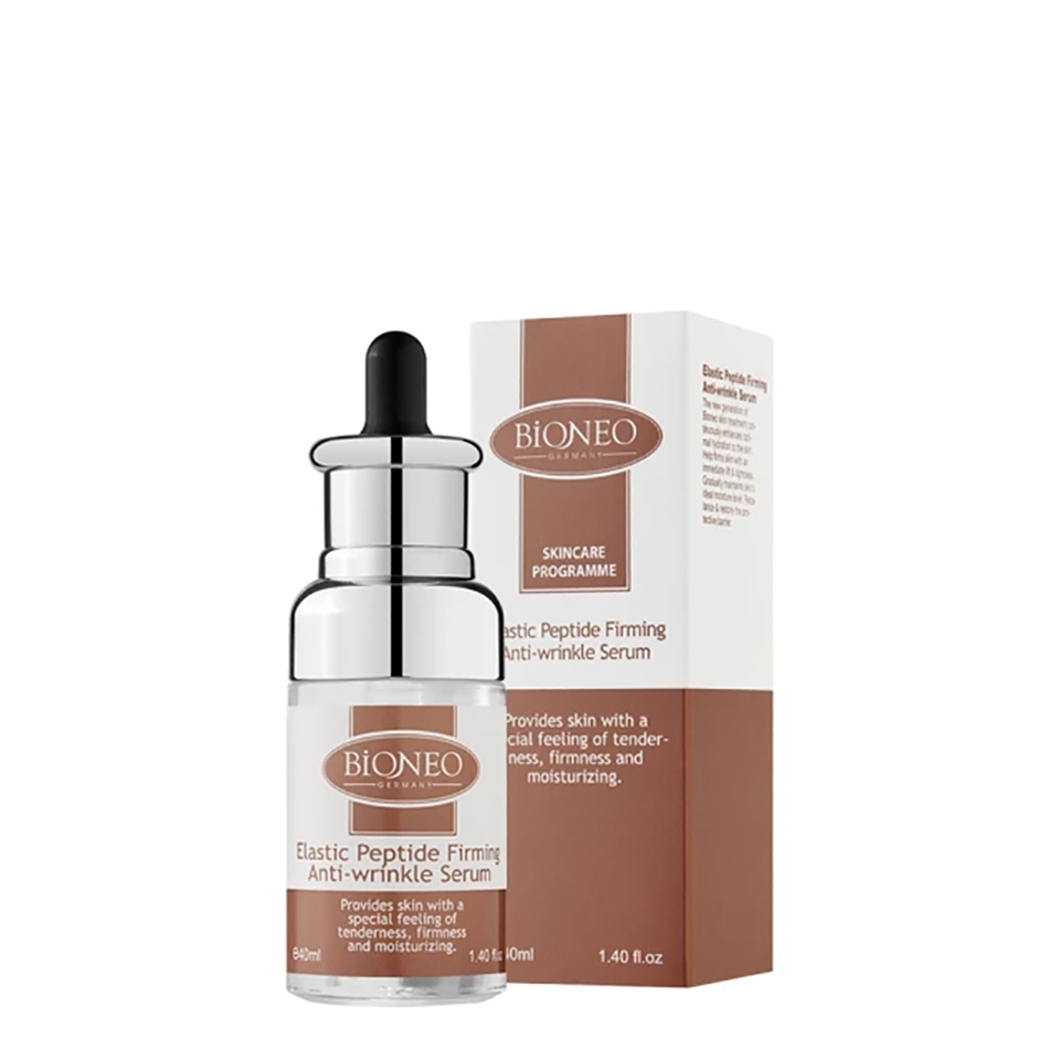 BIONEOSKINCAREPROGRAMME Peptide FirmingAntiwrinkle SerumBIONEOGERMANYProvides skin with acial feeling of tender-ness, firmness moisturizingElastic Peptide FirmingAnti-wrinkle SerumProvides skin with aspecial feeling oftenderness, firmnessand moisturizing1.40