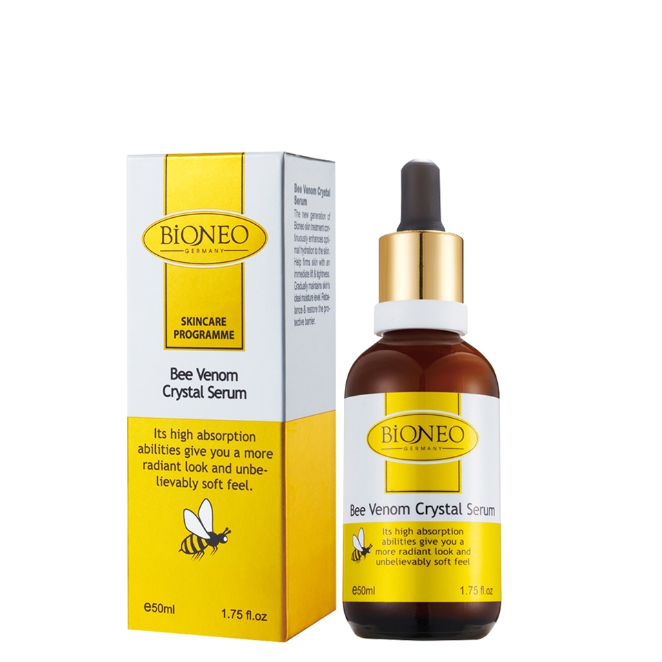 BIONEOGERMANY-SKINCAREPROGRAMMEBee  SerumThe new                  Bee VenomCrystal Serum high absorptionabilities give you a moreradiant look and unbe-lievably soft feel.BIONEO-GERMANY-Bee Venom Crystal Serume50mlIts high absorptionabilities give you amore radiant look andunbelievably soft feel1.75 e50ml1.75 fl.oz