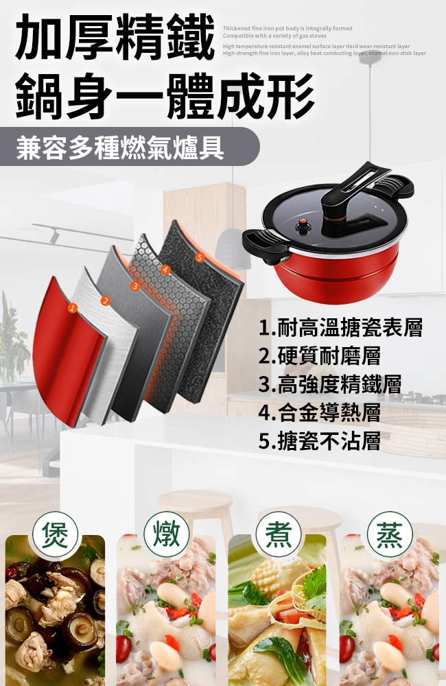 加厚精鐵Thickened fine iron pot body is integrally formedCompatible with a variety of gas stovesHigh temperature resistant enamel surface layer Hard wearresistant layerHigh-strength fine iron layer, alloy heat-conducting layer, enamel non-stick layer鍋身一體成形兼容多種燃氣爐具1.耐高温搪瓷表層2.硬質耐磨層3.高強度精鐵層4.合金導熱層5.搪瓷不沾層煲燉煮蒸