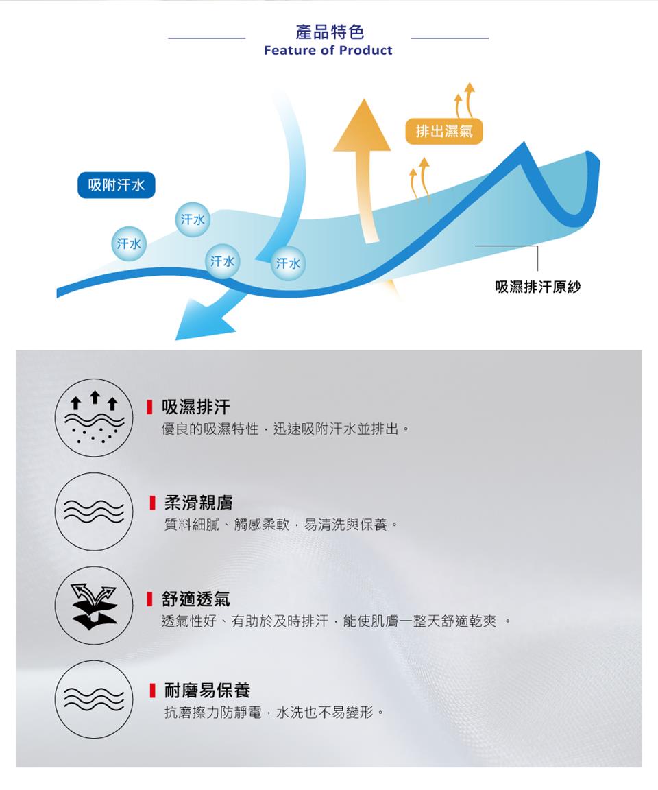 透氣性好、有助於及時排汗,能使肌膚一整天舒適乾爽。