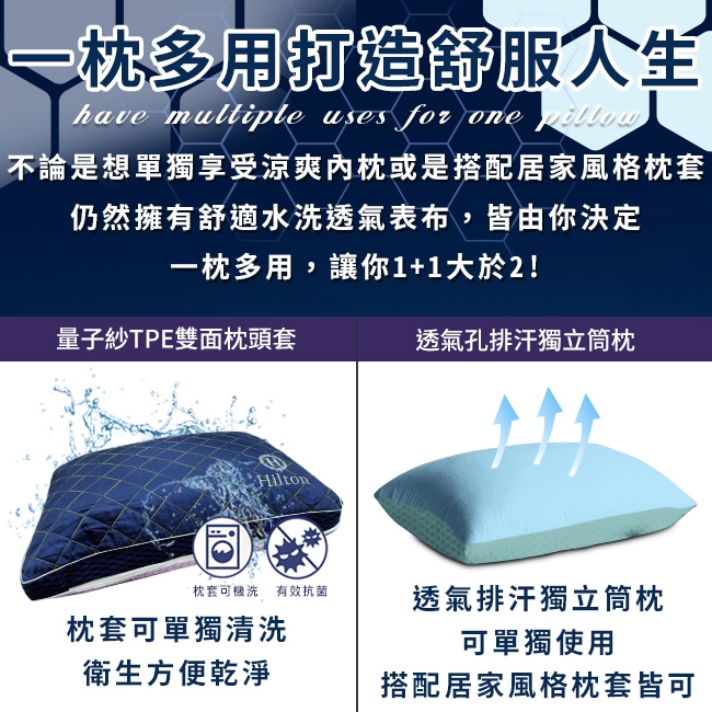 一枕多用打造舒服人生have multiple uses for one 不論是想單獨享受涼爽枕或是搭配居家風格枕套仍然擁有舒適水洗透氣表布,皆由你決定一枕多用,讓你1+1大於2!量子紗TPE雙面枕頭套透氣孔排汗獨立筒枕Hilton枕套可機洗 有效抗菌透氣排汗獨立筒枕枕套可單獨清洗可單獨使用衛生方便乾淨搭配居家風格枕套皆可