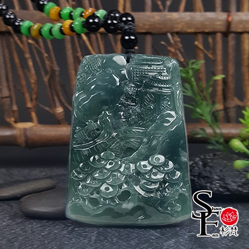 杉梵A貨翡翠冰藍水種春光明媚山水牌項鍊(E369)|其他造型|ETMall