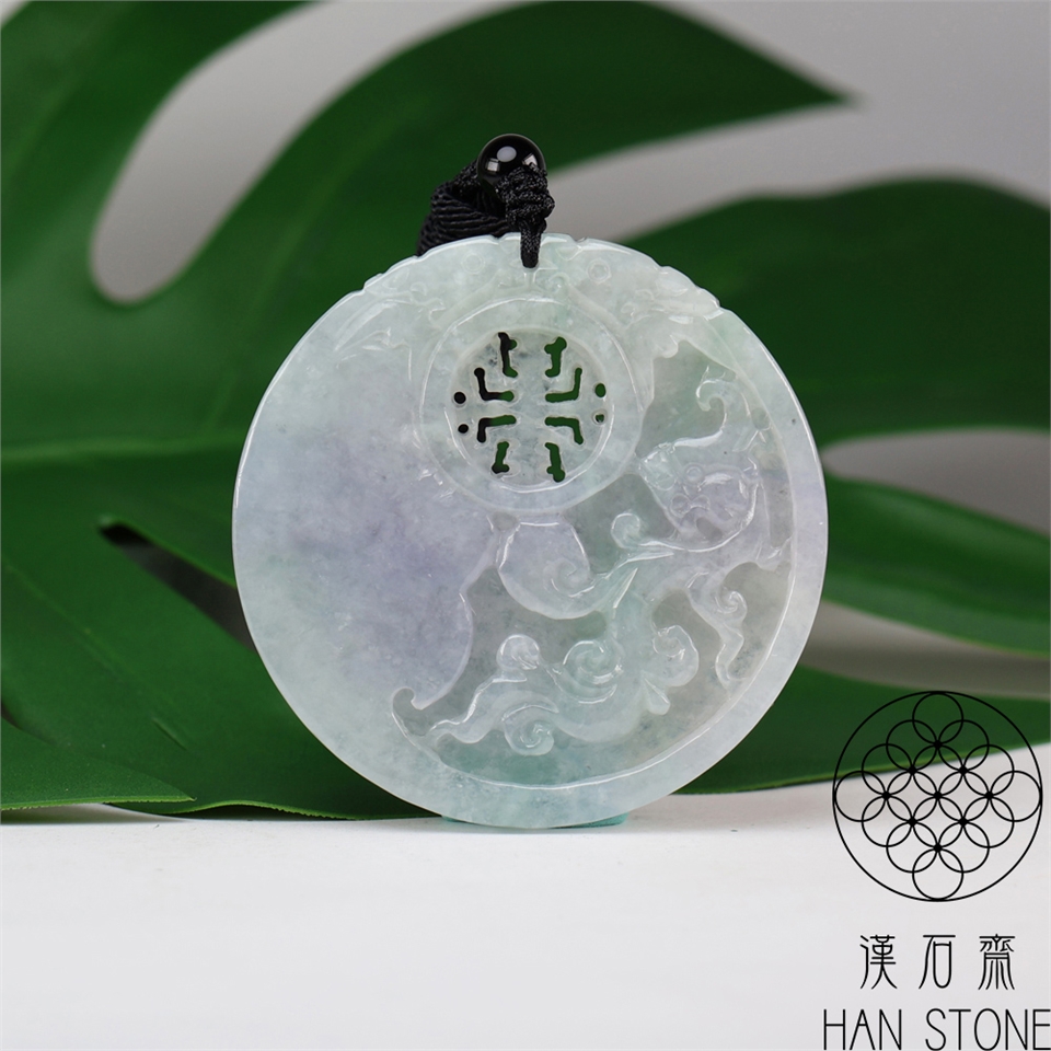 漢石齋】天然翡翠A貨鳳凰壽字鏤空雕玉佩吊墜冰糯種春帶彩(54*54*5mm