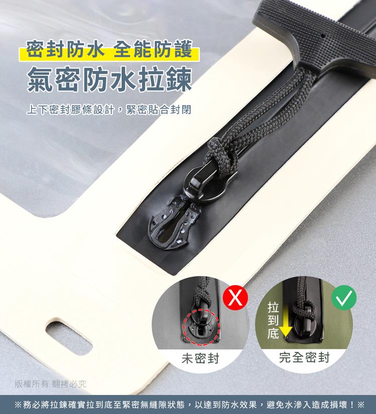 務必將拉鍊確實拉到底至緊密無縫隙狀態,以達到防水效果,避免水滲入造成損壞