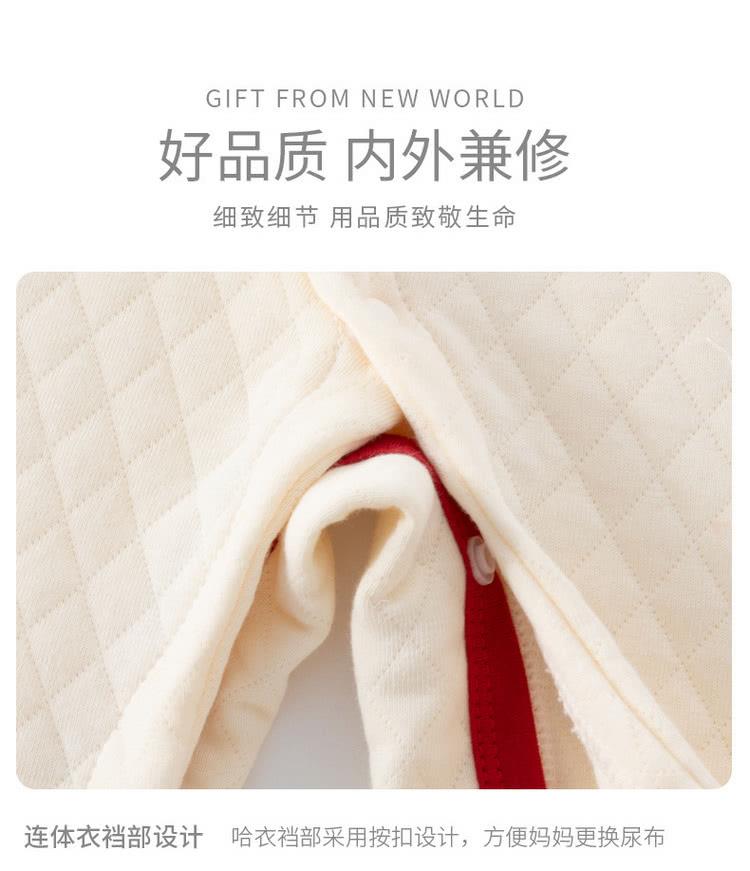 好品质 内外兼修 细致细节 用品质致敬生命 连体衣裆部设计 哈衣裆部采用按扣设计,方便妈妈更换尿布 