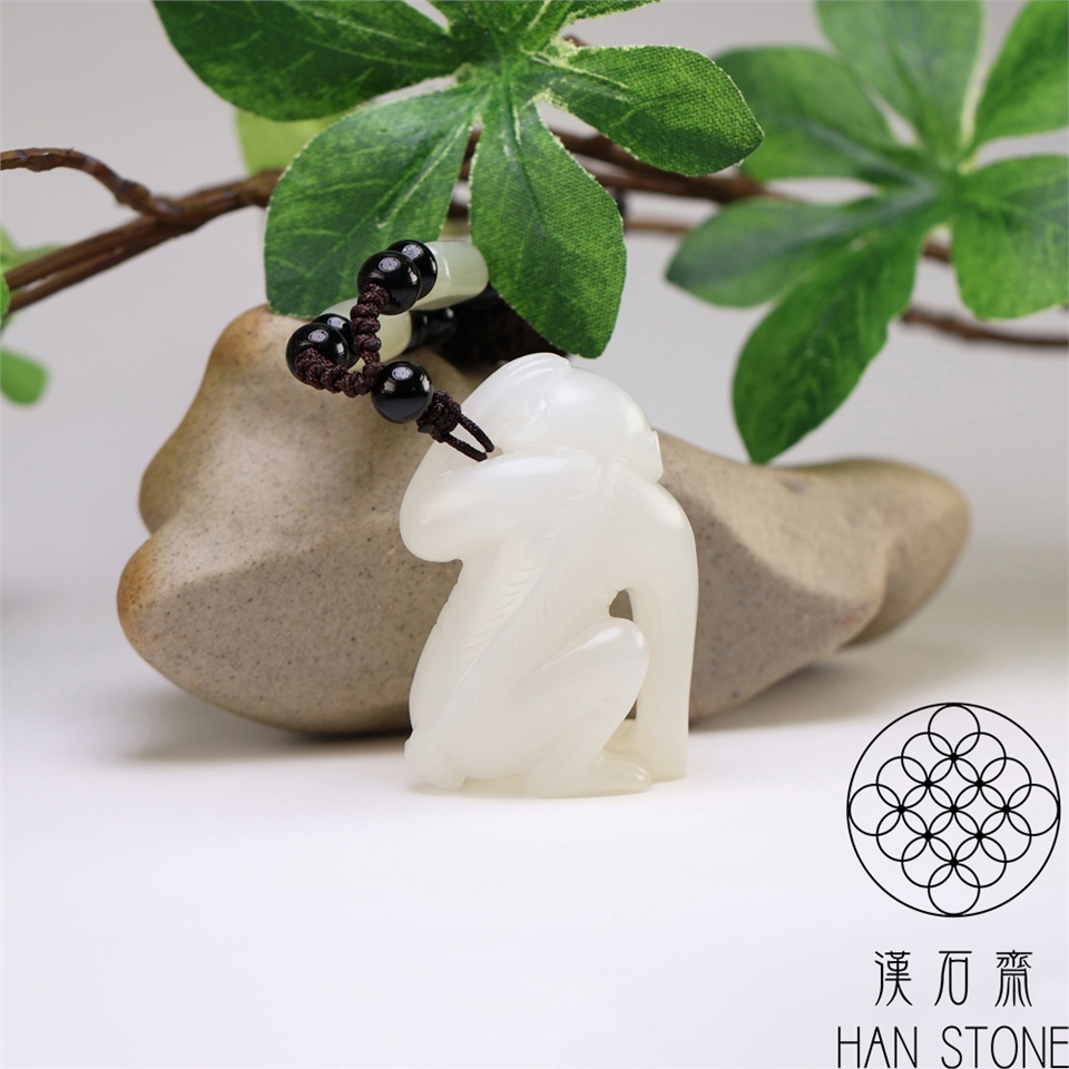 漢石齋】天然和田玉靈猴玉佩吊墜羊脂白玉(29*41*20mm)|動物