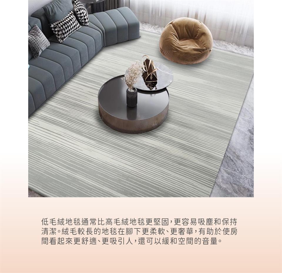 低毛絨地毯通常比高毛絨地毯更堅固,更容易吸塵和保持 清潔。絨毛較長的地毯在腳下更柔軟、更奢華,有助於使房 間看起來更舒適、更吸引人,還可以緩和空間的音量。 