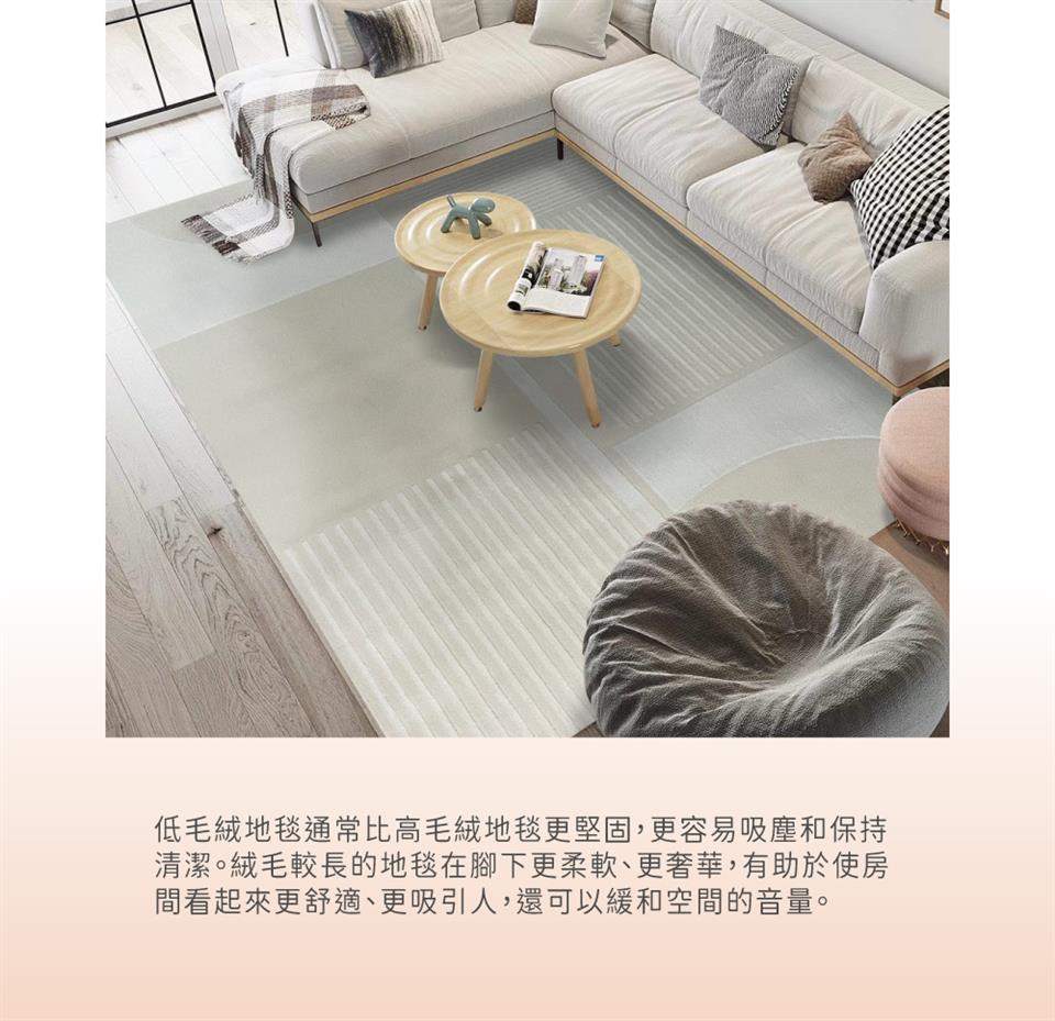 低毛絨地毯通常比高毛絨地毯更堅固,更容易吸塵和保持 清潔。絨毛較長的地毯在腳下更柔軟、更奢華,有助於使房 間看起來更舒適、更吸引人,還可以緩和空間的音量。 
