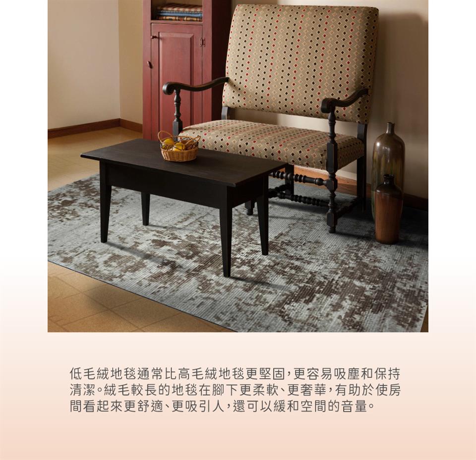 低毛絨地毯通常比高毛絨地毯更堅固,更容易吸塵和保持 清潔。絨毛較長的地毯在腳下更柔軟、更奢華,有助於使房 間看起來更舒適、更吸引人,還可以緩和空間的音量。