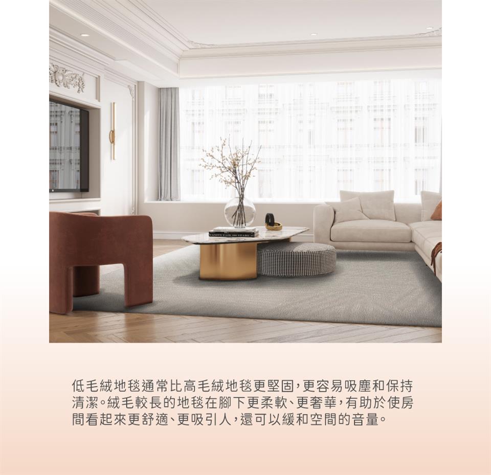 低毛絨地毯通常比高毛絨地毯更堅固,更容易吸塵和保持 清潔。絨毛較長的地毯在腳下更柔軟、更奢華,有助於使房 間看起來更舒適、更吸引人,還可以緩和空間的音量。 