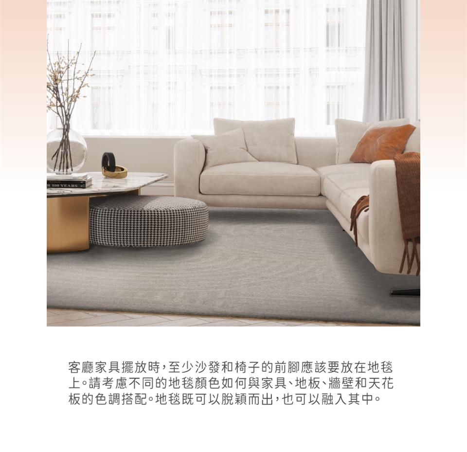 客廳家具擺放時,至少沙發和椅子的前腳應該要放在地毯 上。請考慮不同的地毯顏色如何與家具、地板、牆壁和天花 板的色調搭配。地毯既可以脫穎而出,也可以融入其中。