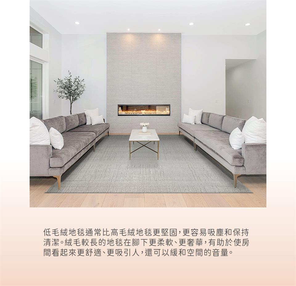 低毛絨地毯通常比高毛絨地毯更堅固,更容易吸塵和保持 清潔。絨毛較長的地毯在腳下更柔軟、更奢華,有助於使房 間看起來更舒適、更吸引人,還可以緩和空間的音量。 