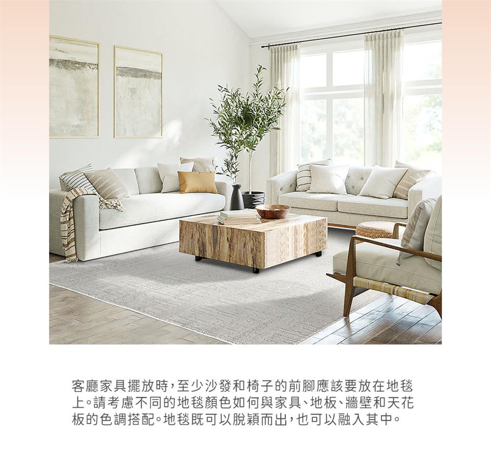 客廳家具擺放時,至少沙發和椅子的前腳應該要放在地毯 上。請考慮不同的地毯顏色如何與家具、地板、牆壁和天花 板的色調搭配。地毯既可以脫穎而出,也可以融入其中。 