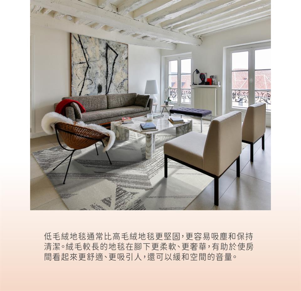 低毛絨地毯通常比高毛絨地毯更堅固,更容易吸塵和保持 清潔。絨毛較長的地毯在腳下更柔軟、更奢華,有助於使房 間看起來更舒適、更吸引人,還可以緩和空間的音量。