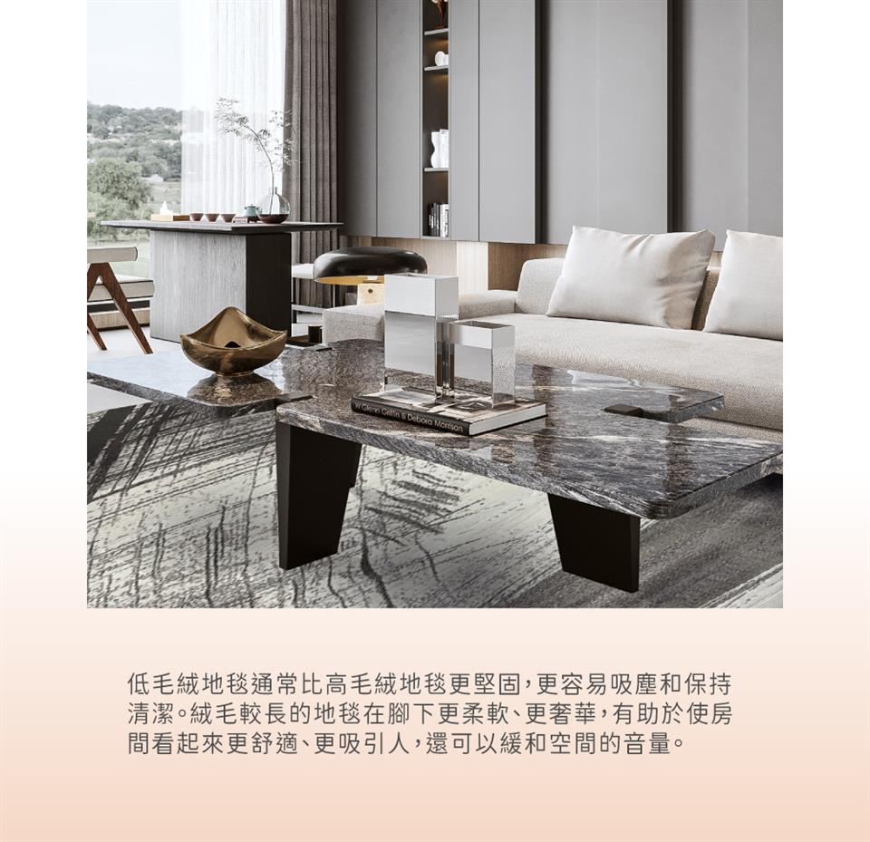 低毛絨地毯通常比高毛絨地毯更堅固,更容易吸塵和保持 清潔。絨毛較長的地毯在腳下更柔軟、更奢華,有助於使房 間看起來更舒適、更吸引人,還可以緩和空間的音量。 