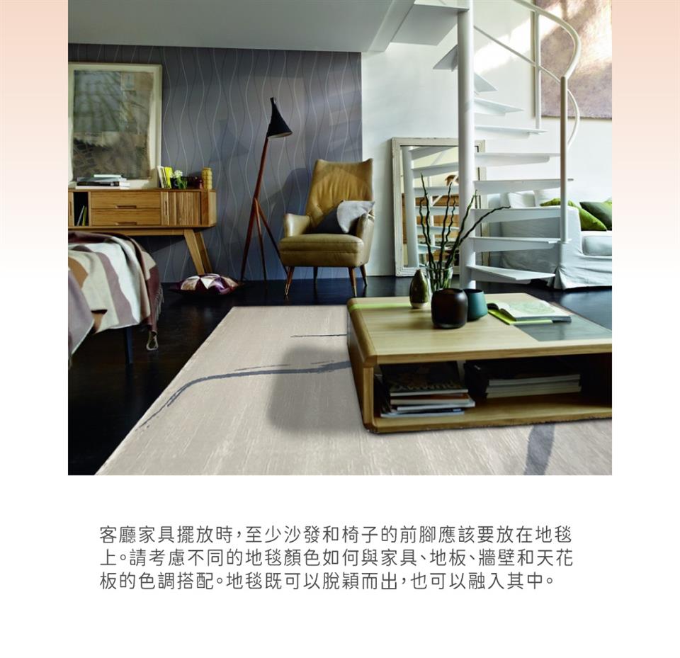 客廳家具擺放時,至少沙發和椅子的前腳應該要放在地毯 上。請考慮不同的地毯顏色如何與家具、地板、牆壁和天花 板的色調搭配。地毯既可以脫穎而出,也可以融入其中。 