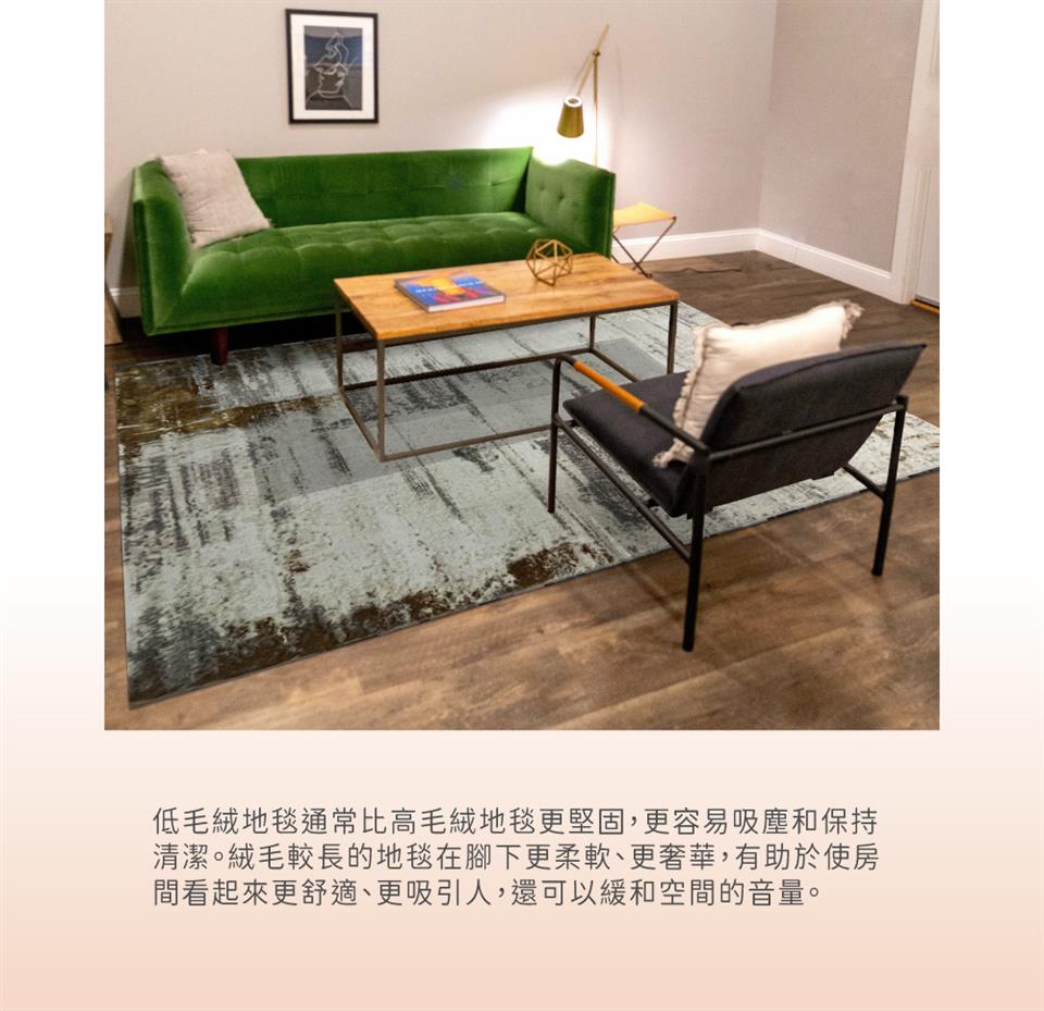 低毛絨地毯通常比高毛絨地毯更堅固,更容易吸塵和保持 清潔。絨毛較長的地毯在腳下更柔軟、更奢華,有助於使房 間看起來更舒適、更吸引人,還可以緩和空間的音量。 