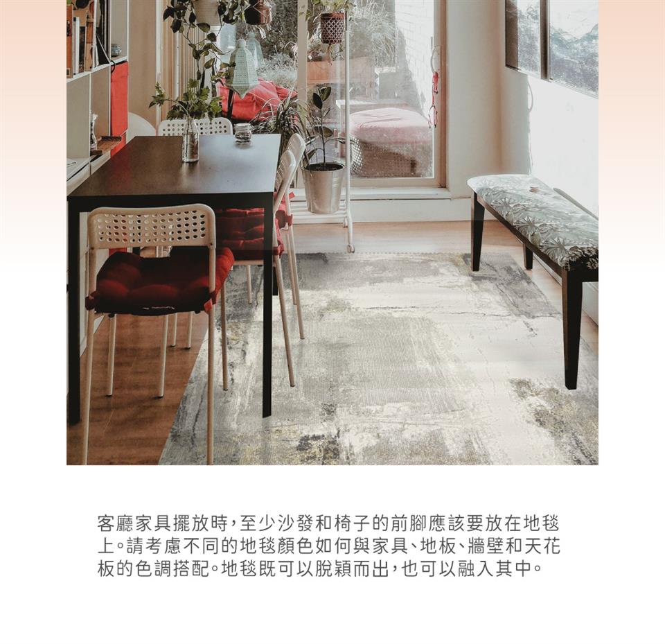 客廳家具擺放時,至少沙發和椅子的前腳應該要放在地毯 上。請考慮不同的地毯顏色如何與家具、地板、牆壁和天花 板的色調搭配。地毯既可以脫穎而出,也可以融入其中。
