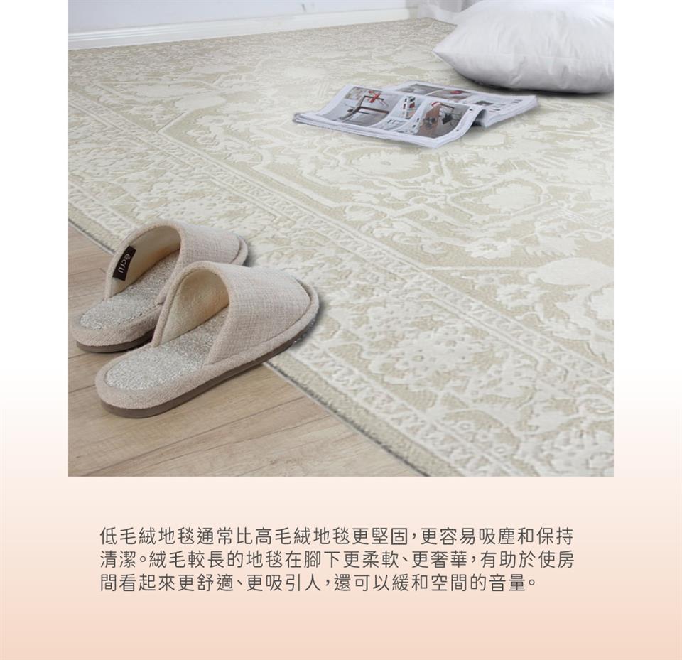 低毛絨地毯通常比高毛絨地毯更堅固,更容易吸塵和保持 清潔。絨毛較長的地毯在腳下更柔軟、更奢華,有助於使房 間看起來更舒適、更吸引人,還可以緩和空間的音量。