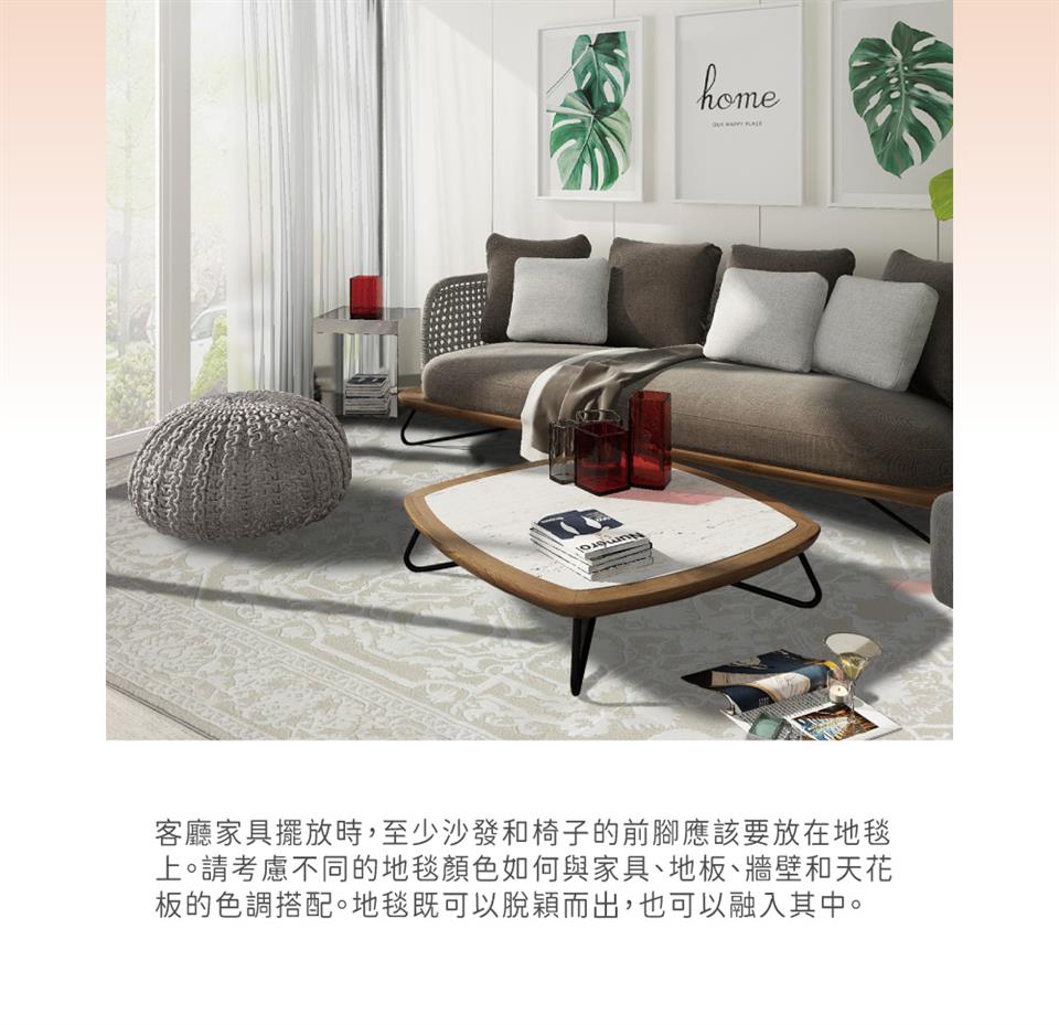 客廳家具擺放時,至少沙發和椅子的前腳應該要放在地毯 上。請考慮不同的地毯顏色如何與家具、地板、牆壁和天花 板的色調搭配。地毯既可以脫穎而出,也可以融入其中。