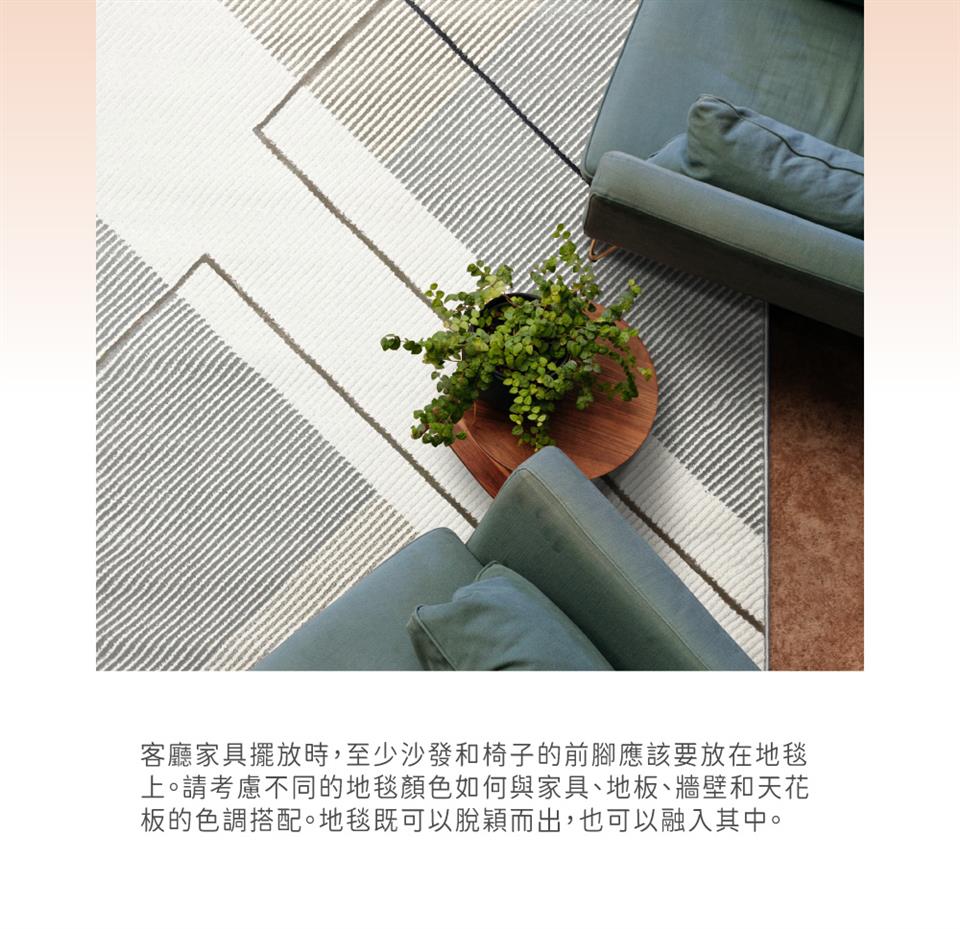 客廳家具擺放時,至少沙發和椅子的前腳應該要放在地毯 上。請考慮不同的地毯顏色如何與家具、地板、牆壁和天花 板的色調搭配。地毯既可以脫穎而出,也可以融入其中。
