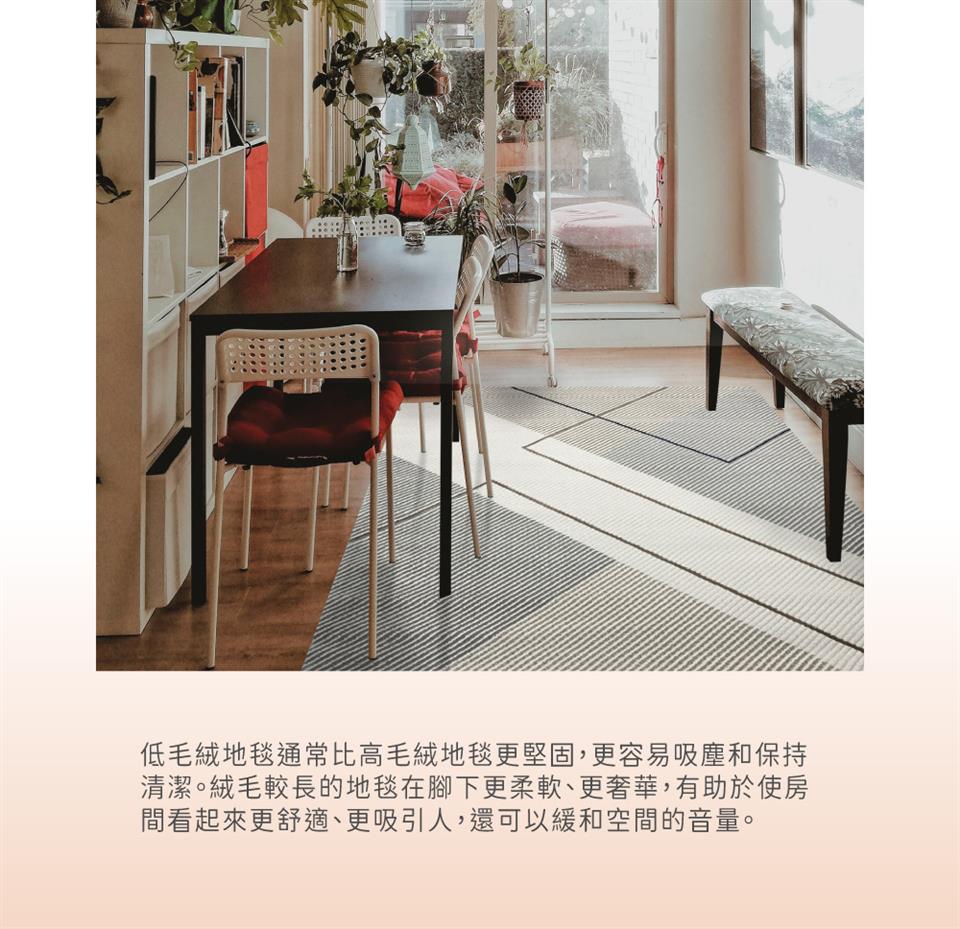 低毛絨地毯通常比高毛絨地毯更堅固,更容易吸塵和保持 清潔。絨毛較長的地毯在腳下更柔軟、更奢華,有助於使房 間看起來更舒適、更吸引人,還可以緩和空間的音量。 