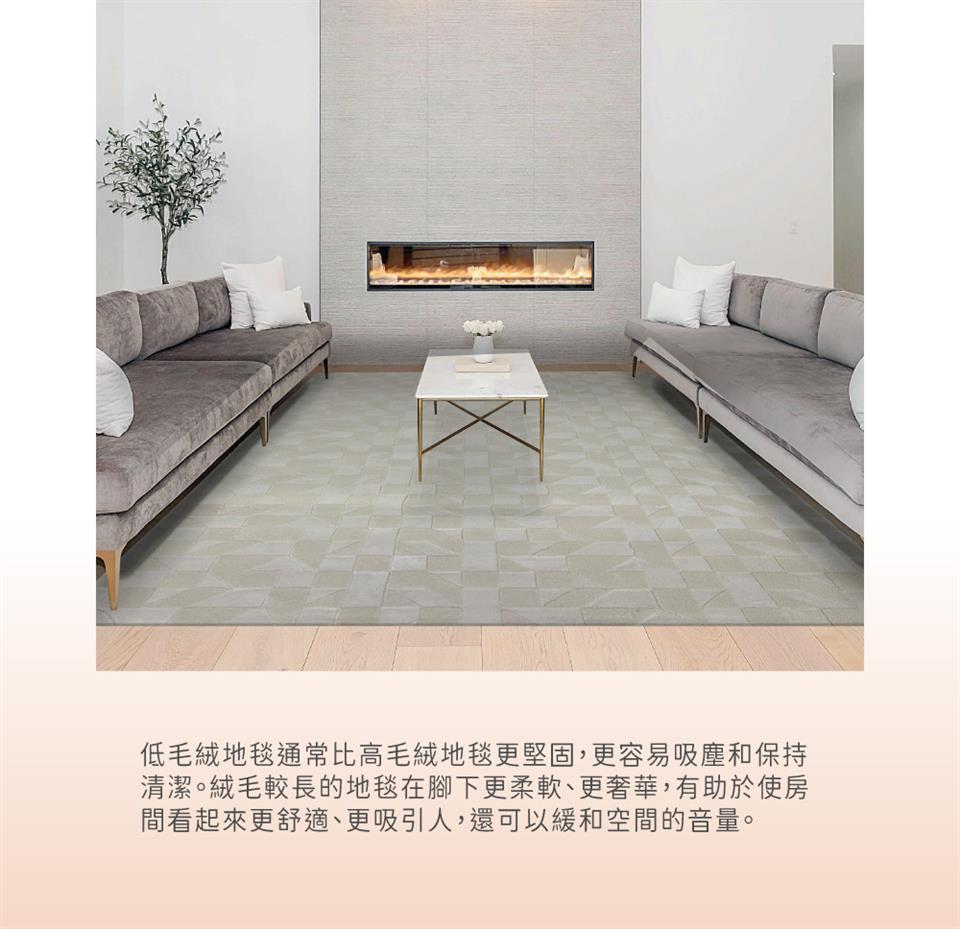 低毛絨地毯通常比高毛絨地毯更堅固,更容易吸塵和保持 清潔。絨毛較長的地毯在腳下更柔軟、更奢華,有助於使房 間看起來更舒適、更吸引人,還可以緩和空間的音量。