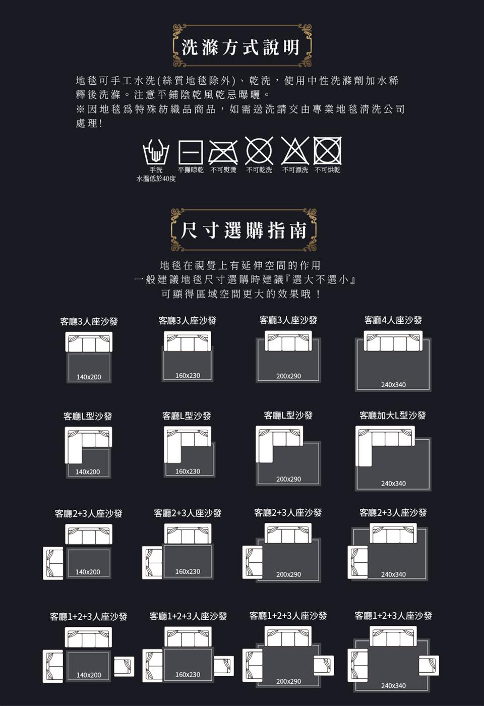 地毯可手工水洗絲質地毯除外、乾洗,使用中性洗滌劑加水稀