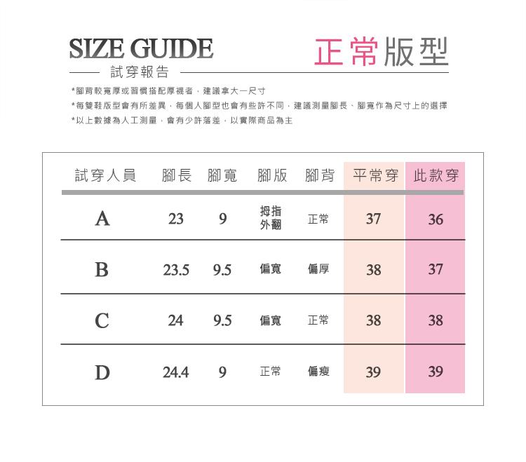每雙鞋版型會有所差異,每個人腳型也會有些許不同,建議測量腳長、腳寬作為尺寸上的選擇