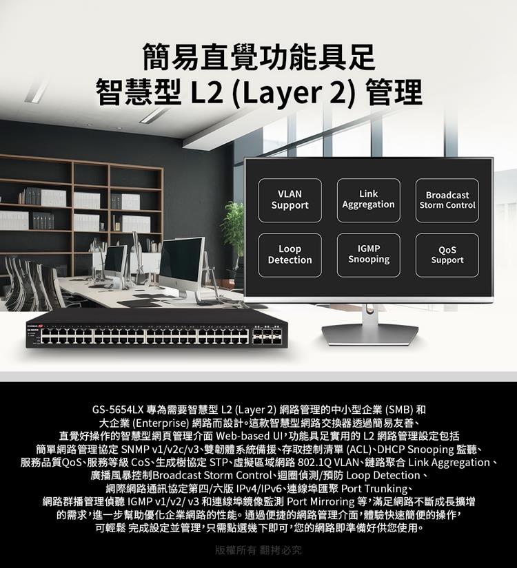 服務品質QoS、服務等級 CoS、生成樹協定 STP、虛擬區域網路 802.1QVLAN、鏈路聚合 Link Aggregation、