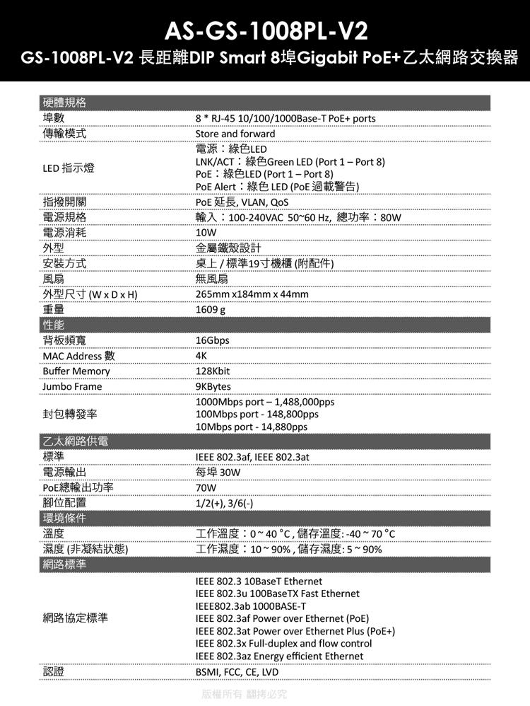 GS1008PLV2 長距離DIP Smart 8埠Gigabit PoE乙太網路交換器