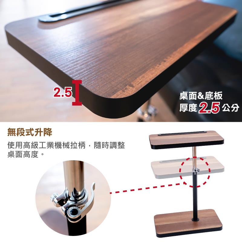 無段式升降 使用高級工業機械拉柄,隨時調整 桌面高度。 桌面底板 厚度2.5公分 