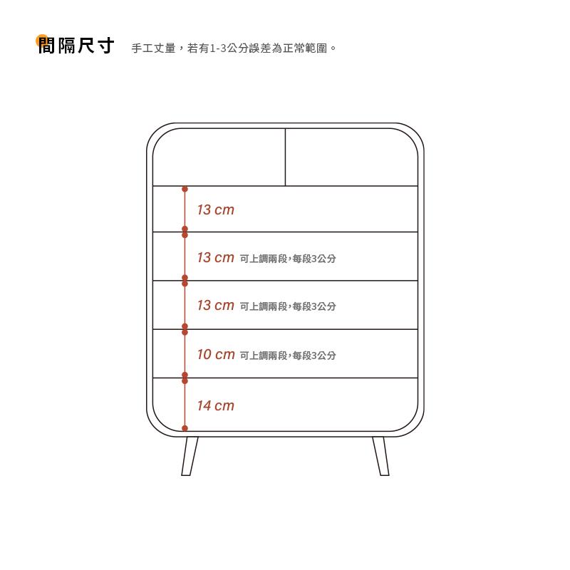間隔尺寸 手工丈量,若有13公分誤差為正常範圍。 13cm 可上調兩段,每段3公分 13cm 可上調兩段,每段3公分 10cm 可上調兩段,每段3公分 