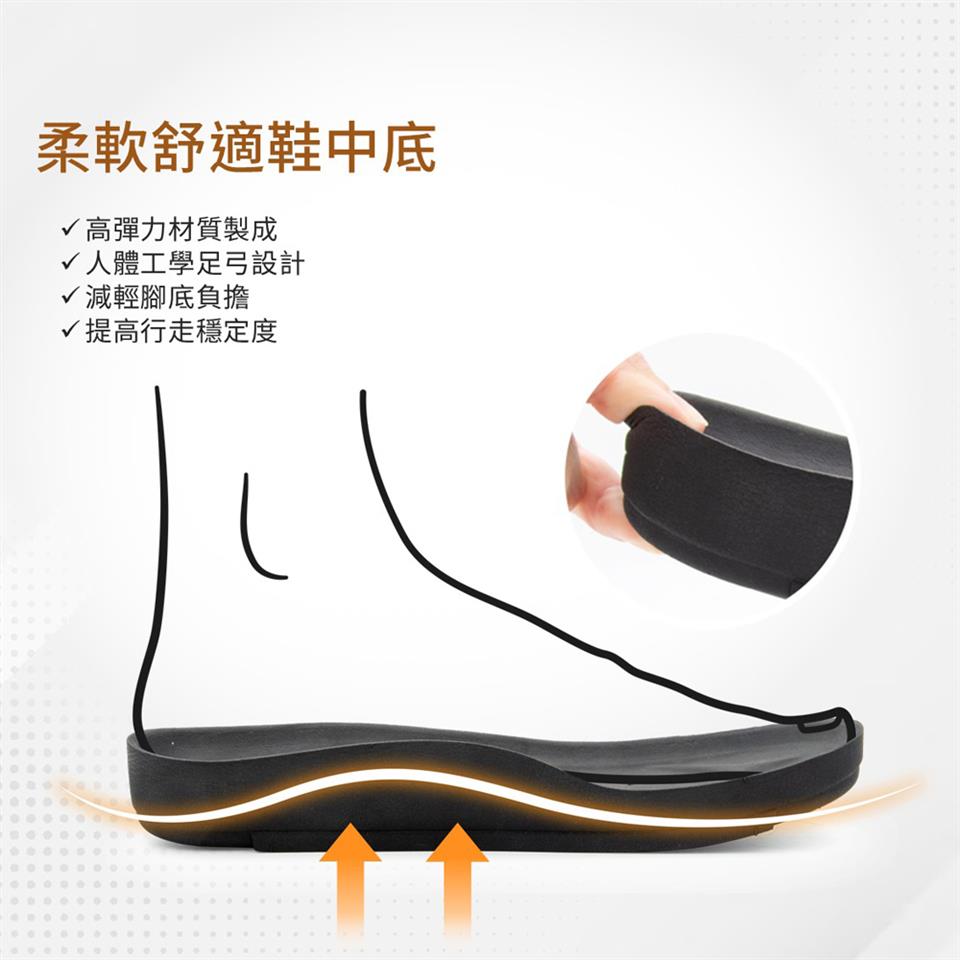 柔軟舒適鞋中底 高彈力材質製成 人體工學足弓設計 減輕腳底負擔 提高行走穩定度