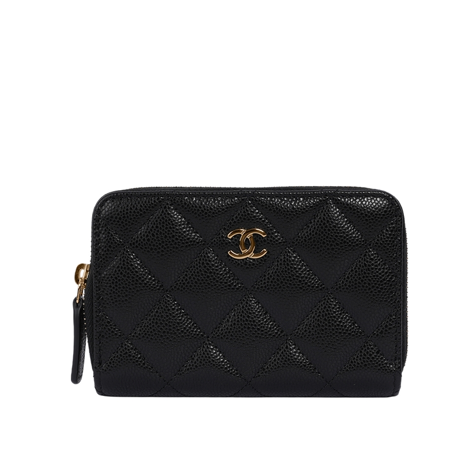 CHANEL 淡金CC Logo 粒紋牛皮ㄇ形拉鍊零錢包/卡夾包(黑色)|經典