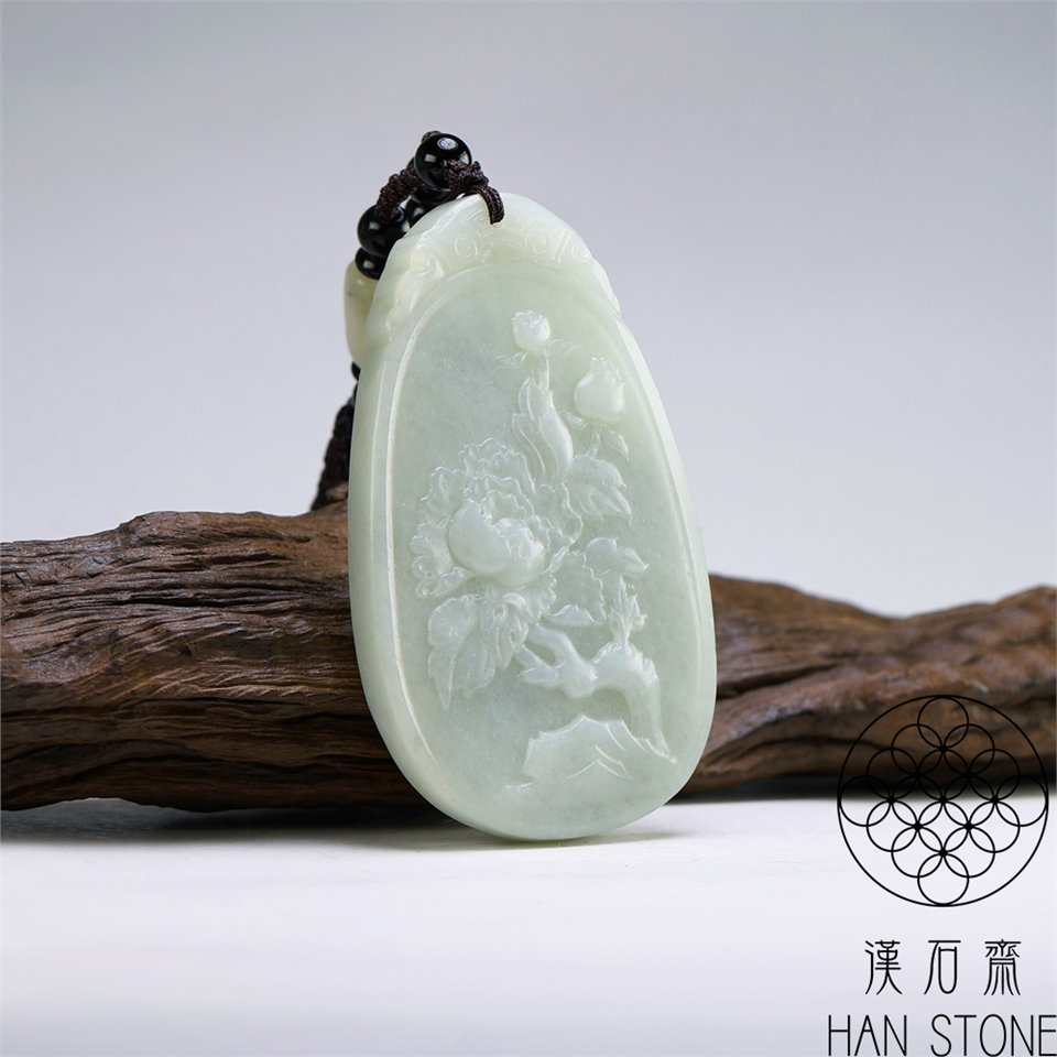 漢石齋】天然和田玉花開富貴玉佩吊墜青白玉(43*70*7mm)|植物