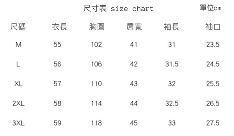 尺寸表 size chart單位尺碼衣長胸圍肩寬袖長袖口M55102413123.5L561064231.524.557110433225.52XL581144432.526.53XL59118453327.5