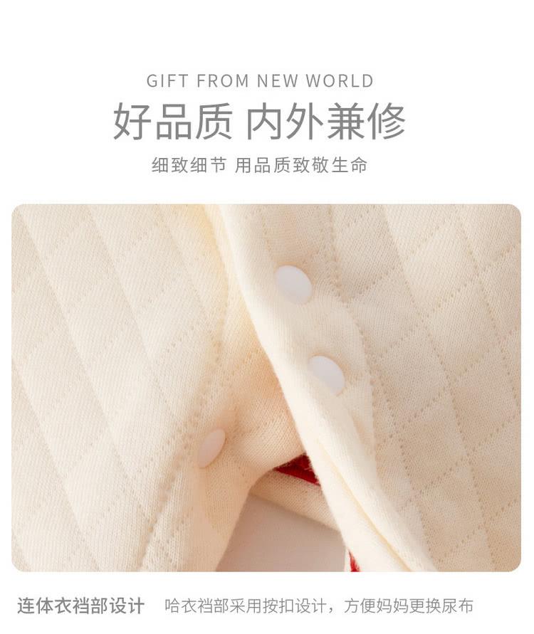 好品质 内外兼修 细致细节 用品质致敬生命 连体衣裆部设计 哈衣裆部采用按扣设计,方便妈妈更换尿布 