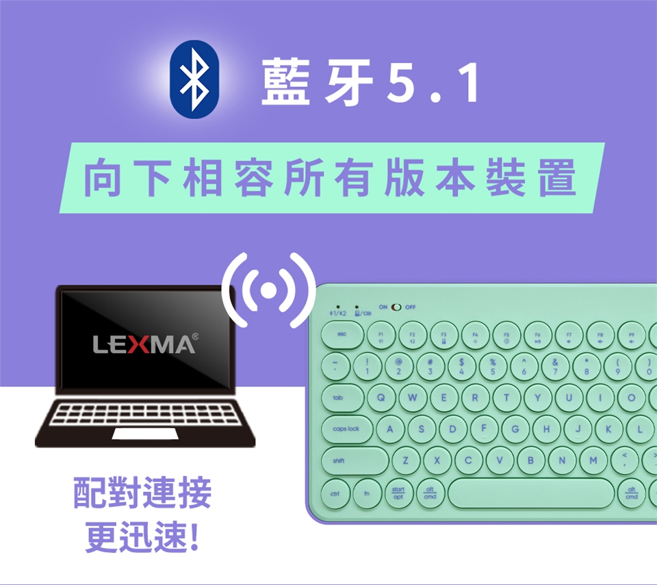 LEXMA LK7000B 無線跨平台藍芽靜音鍵盤 薄荷紫|無線鍵盤|ETMall東森購物網