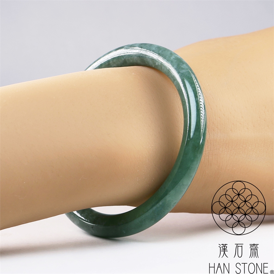 漢石齋】天然翡翠A貨圓條手鐲玉鐲冰糯種飄花(手圍16.4/ 版寬7.5mm)|16