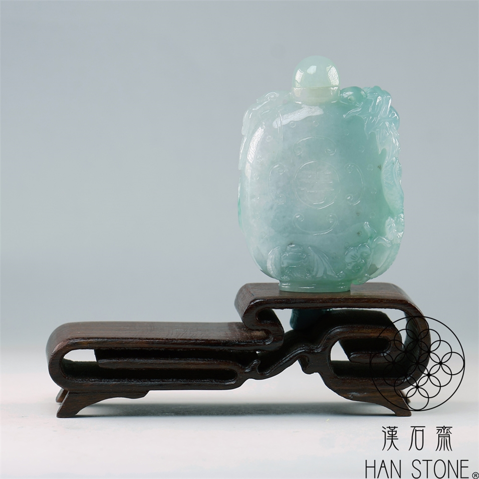漢石齋】天然翡翠A貨龍蝙吉祥耳鼻煙壺冰糯種藍水飄花(35*50*13mm)|擺件