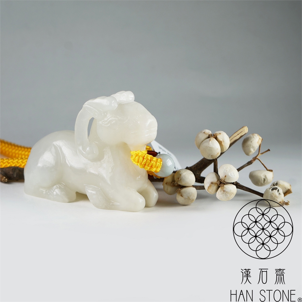 漢石齋】天然和田玉一鹿如意小手把件擺件白玉(43*64*27mm)|擺件/把玩