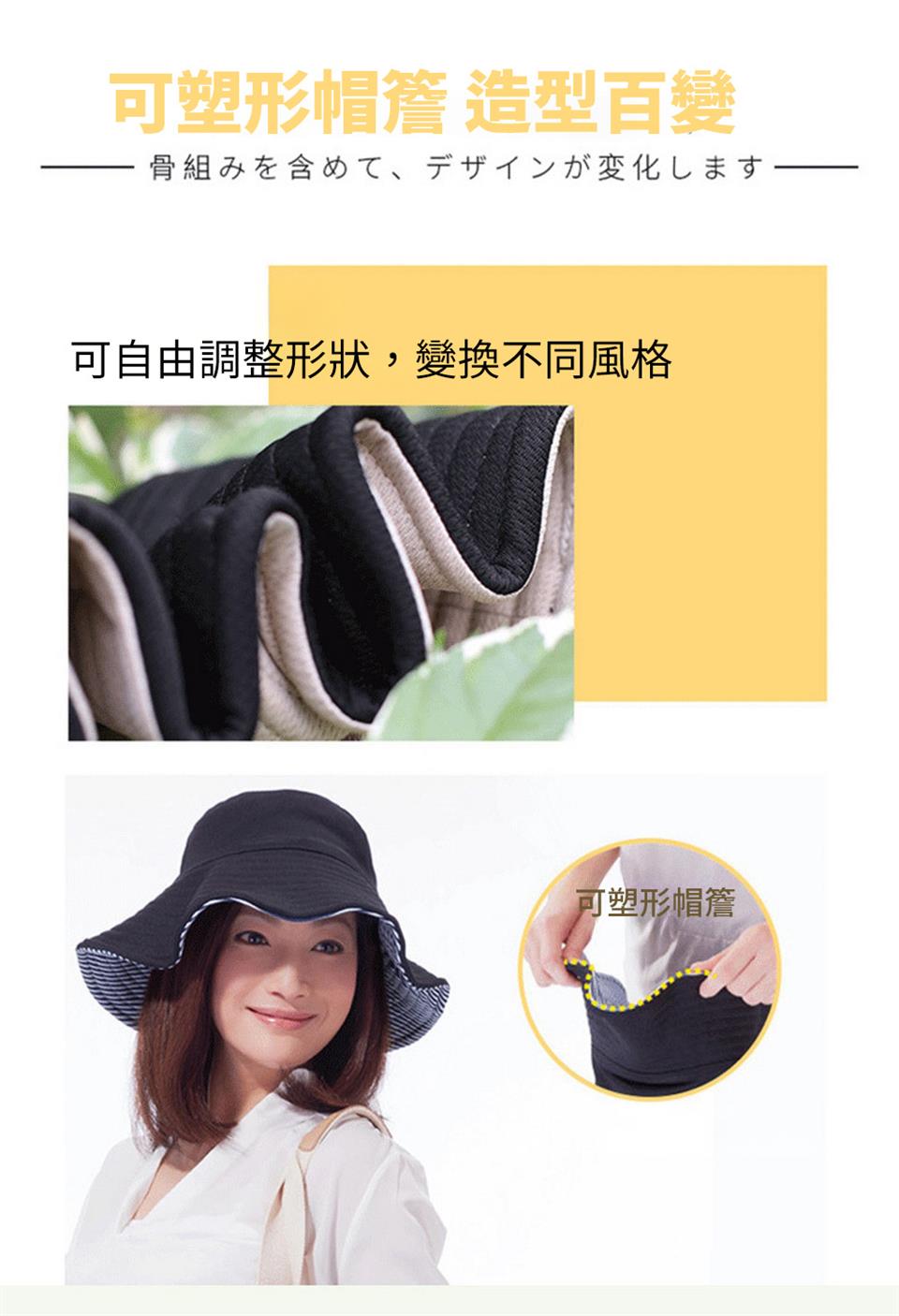 可塑形帽簷 造型百變 骨組含、変化 可自由調整形狀,變換不同風格 可塑形帽簷 